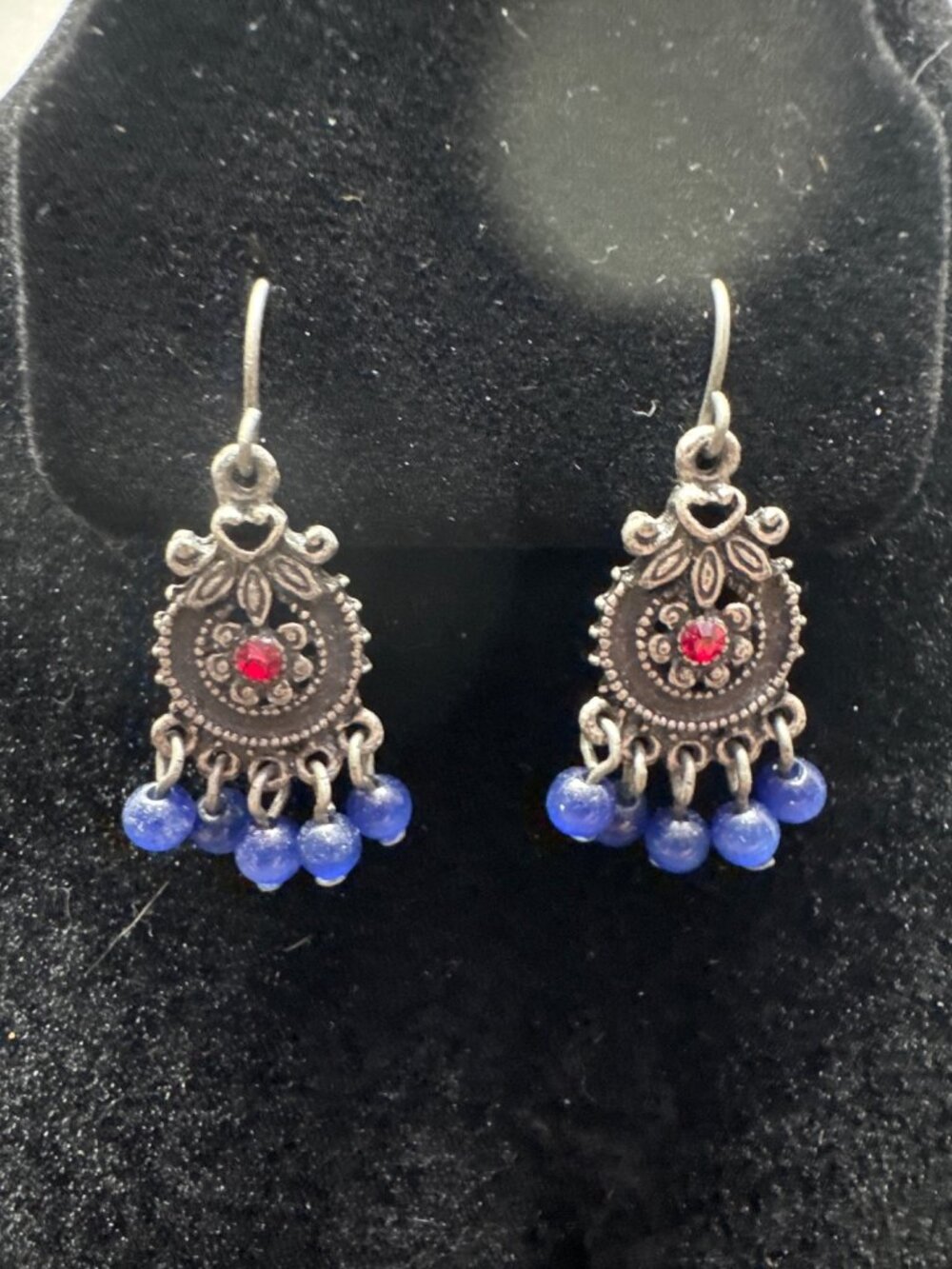 Vintage-Style Silver Dangling Earrings With Red Rhinestone & Blue Beads Boho Chi